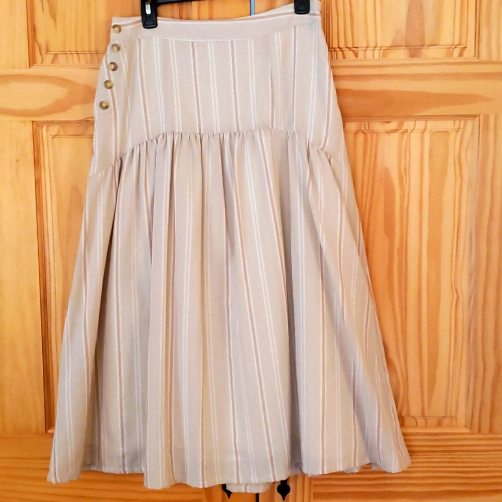 Anthropologie Evonna Striped Button Midi Skirt Beige Size 12